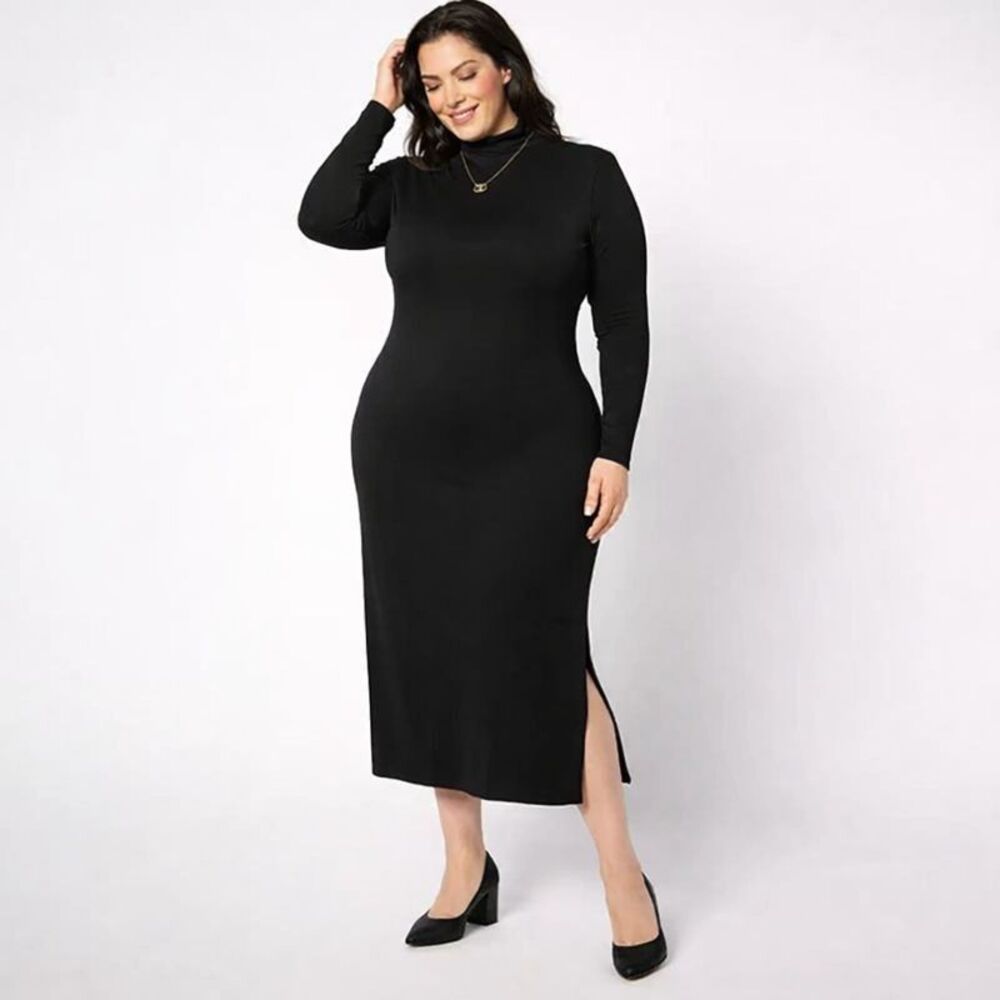 Women’s Black Long Sleeve Midi Dress with Built-In Shapewear | Turtleneck | NWT